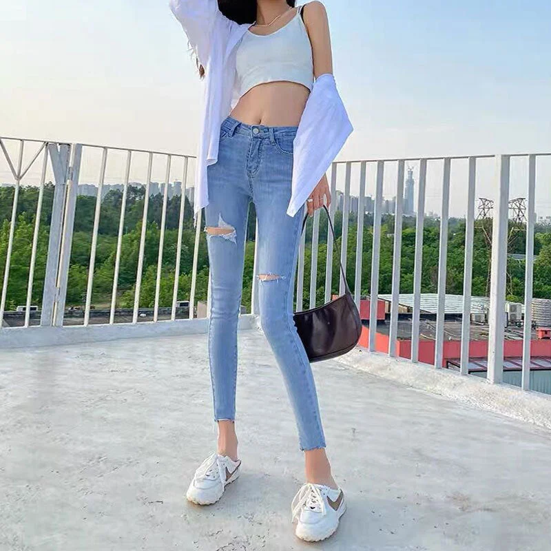 NiDELL Ripped Denim Skinny Pants Women's Summer Thin Internet Celebrity High Waist Slimming Stretch Skinny Frayed Hem Ankle-Length Pencil Pants