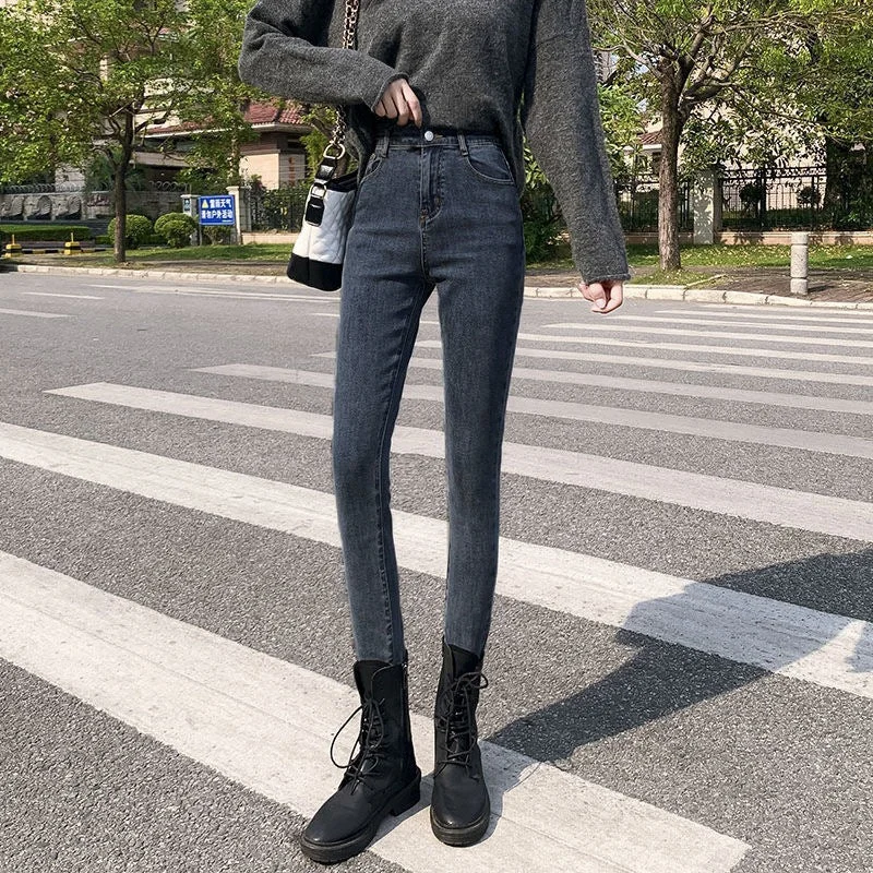 NiDELL Skinny Jeans Women's Korean-Style High Waist Slimming High . Spring and Autumn New Stretch Pencil Tappered Pants Fashion