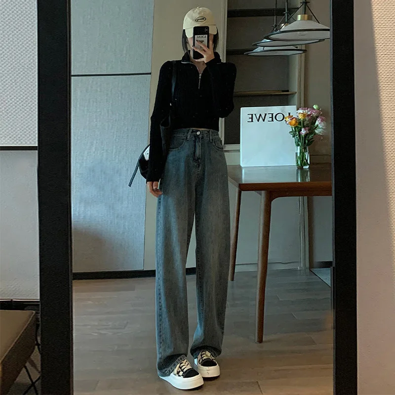 NiDELL Washed and Worn Jeans for Women High Waist All-Matching Korean Style Wide Leg Autumn Winter Retro Loose Straight Drooping Mop Pants