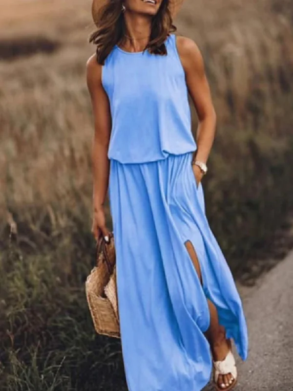 Casual Crewneck Sleeveless Slit Solid Color Dress