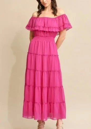 Let's Fiesta Off-the-shoulder Raspberry Pink Dress