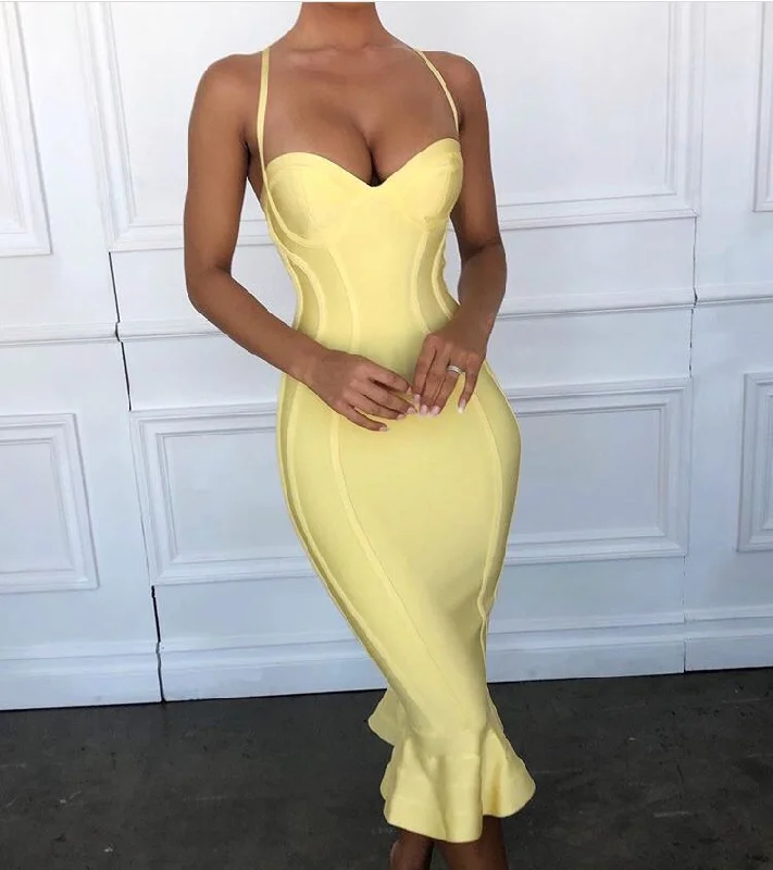 Pink Yellow Knee Length Rayon Bandage Dress