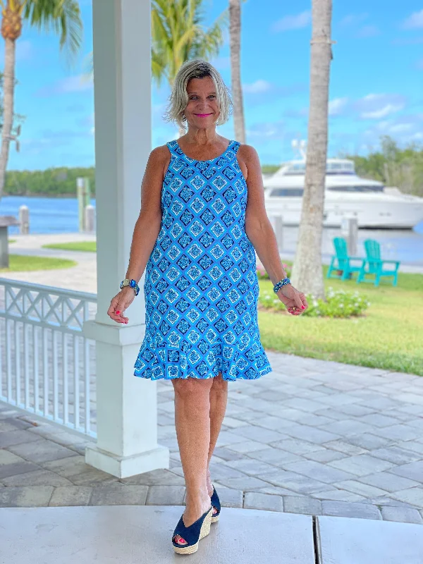 BAHAMA BLUE TURTLE HALTER  RUFFLE DRESS