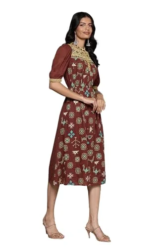 Aarke Ritu Kumar Band Collar Elbow Sleeve Printed Dress Brown