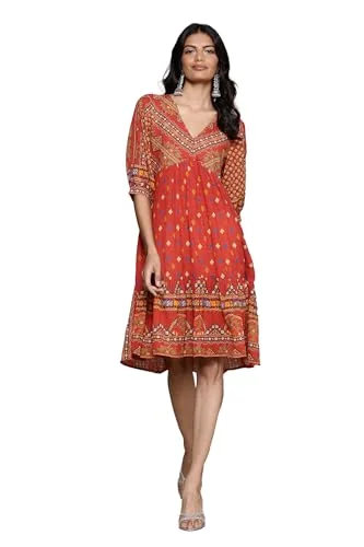 Aarke Ritu Kumar V-Neck 3/4Th Sleeve Printed Dress Rust