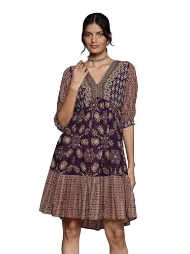 Aarke Ritu Kumar V-Neck Elbow Sleeve Printed Dress Purple