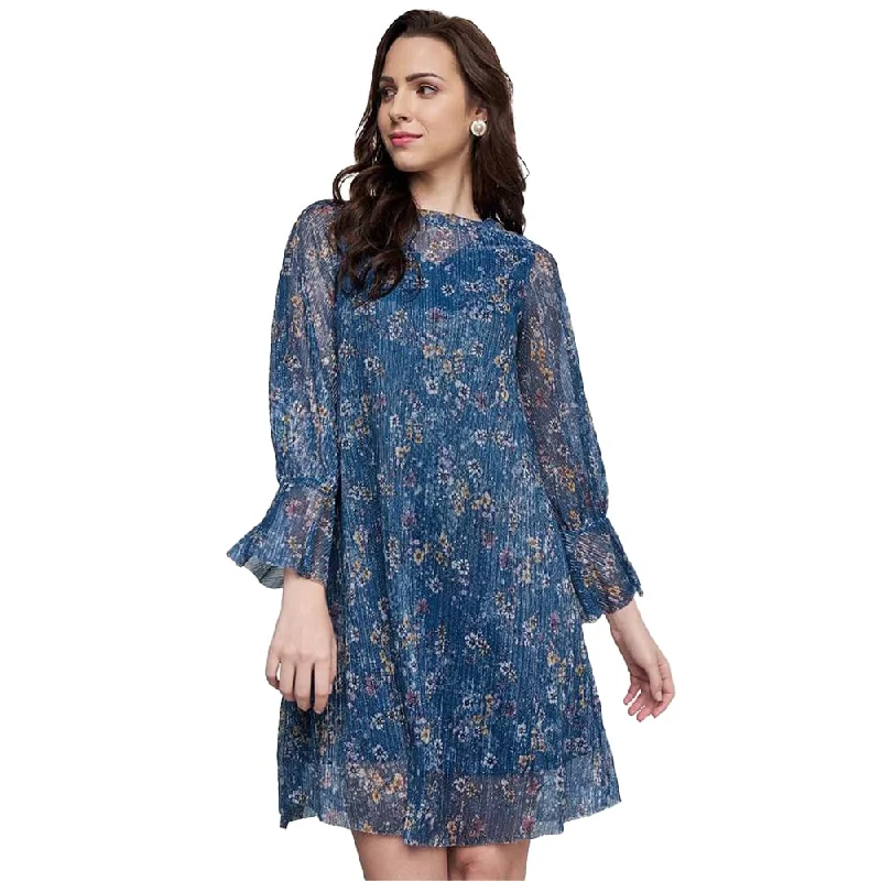 AND Floral Polyester Round Neck Womens Knee Length Dress (Multi, 10) Multicolour