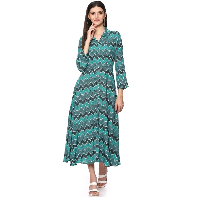 BIBA Women's Green Turquoise Rayon A-Line Printed Dress