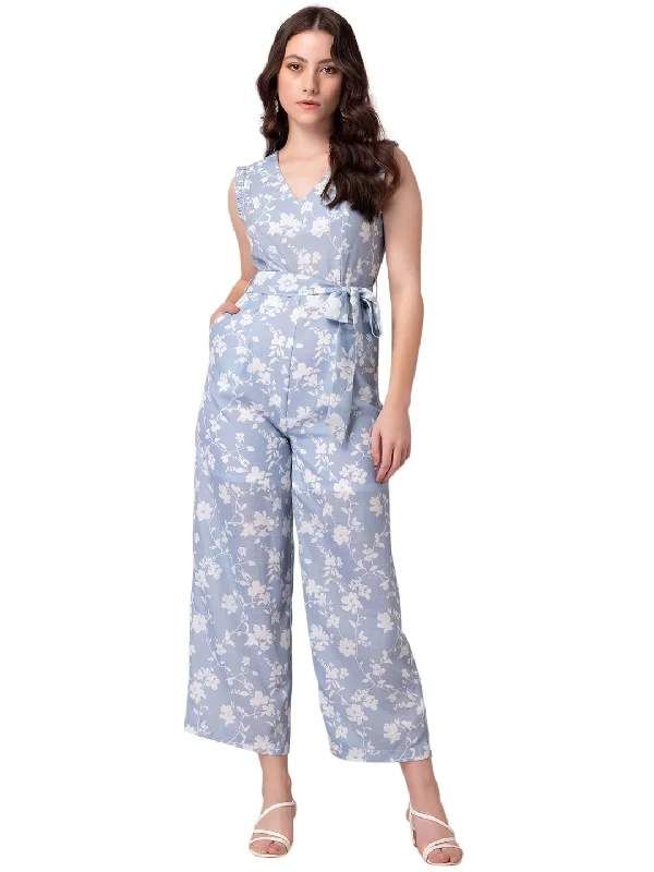 FabAlley Indya Blue And White Floral Print Jumpsuit With Belt