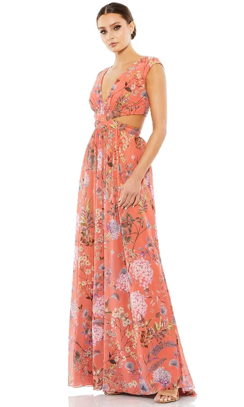 Ieena Duggal 9154 - Floral Print V-neck Long Dress