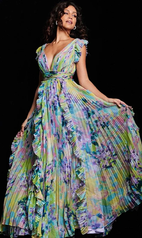 Jovani 34412 - Floral Print Flutter Long Dress