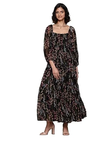 Label RITU KUMAR Full Sleeves Printed Long Dress Black