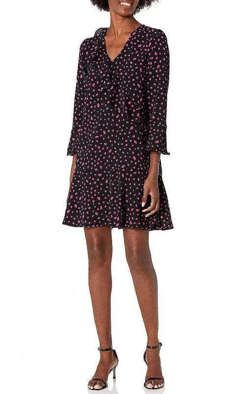 London Times T5546M - Ruffle Trimmed Dot Print Shift Dress