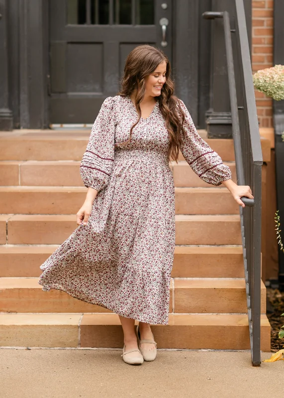 Maroon Floral 3/4 Sleeve Dress