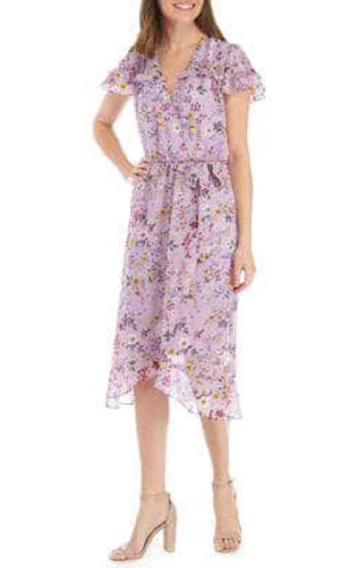 Perceptions P21775 - Floral V-Neck Short Sleeved Ruffled Short Dress