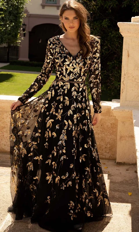 Primavera Couture - 11062 Floral And Stars Long Sleeve Prom Dress