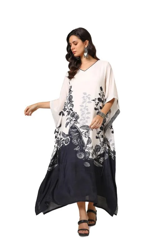 Soch Womens Off White Muslin Blend Floral Kaftan with Beads