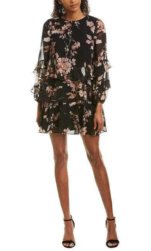 Taylor 1613M - Tiered Floral Chiffon Short Dress