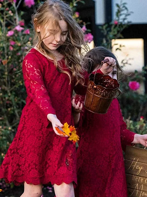 Violet Lace Boho Girl Dress in Wine Red