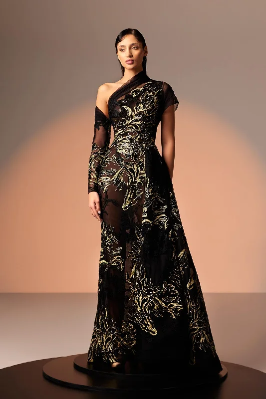 Asymmetric neckline lace gown