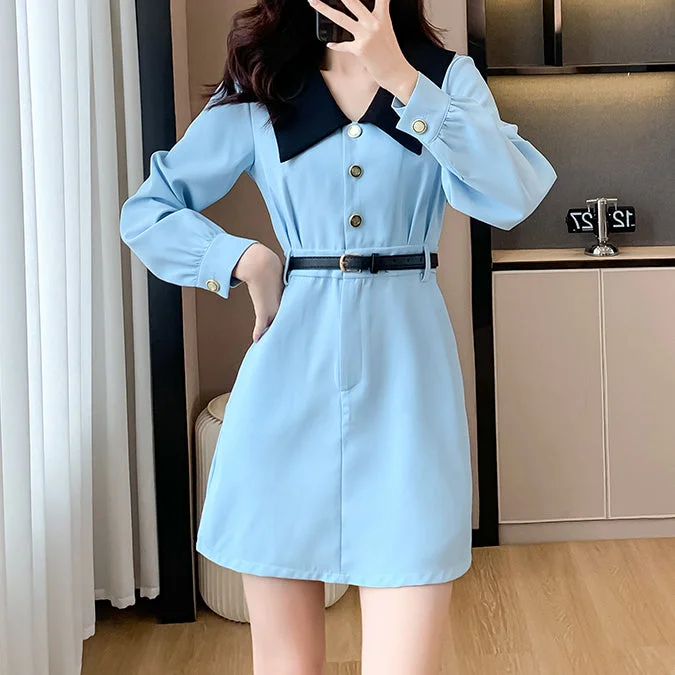 Blue Baby Doll Collar Waist A-Line Shirt Dress