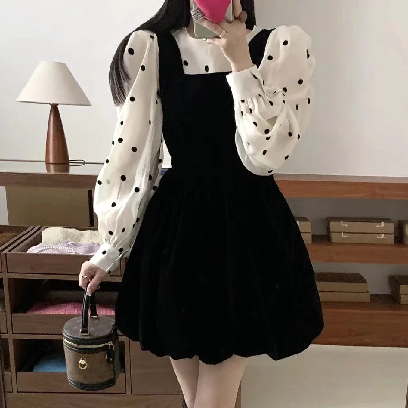 Bow-Back Velvet Dress Polka-Dot Shirt