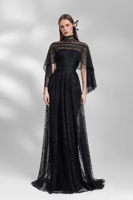 Cape sleeves high neck lace dress