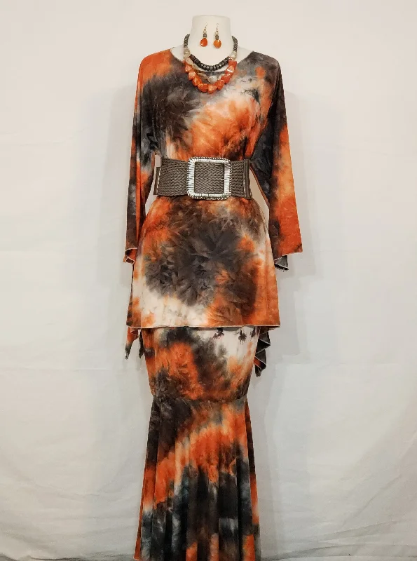 Burnt Orange & Smoke Grey Tie Dye Mermaid Dress Set. (BELT & NECKLACE SOLD SEPARATELY)