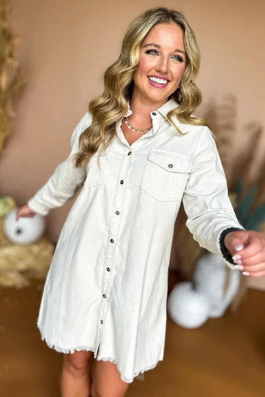 Cream Button Front Roll Tab Shirt Dress