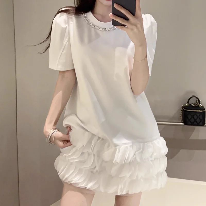 Diamond Round Neck Petal Puff Sleeve T-Shirt Dress