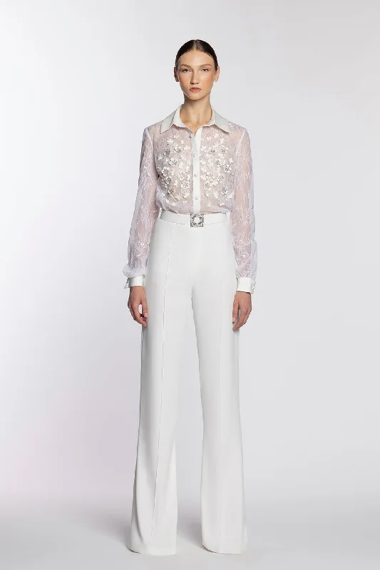 Embroidered shirt with belted crepe pants