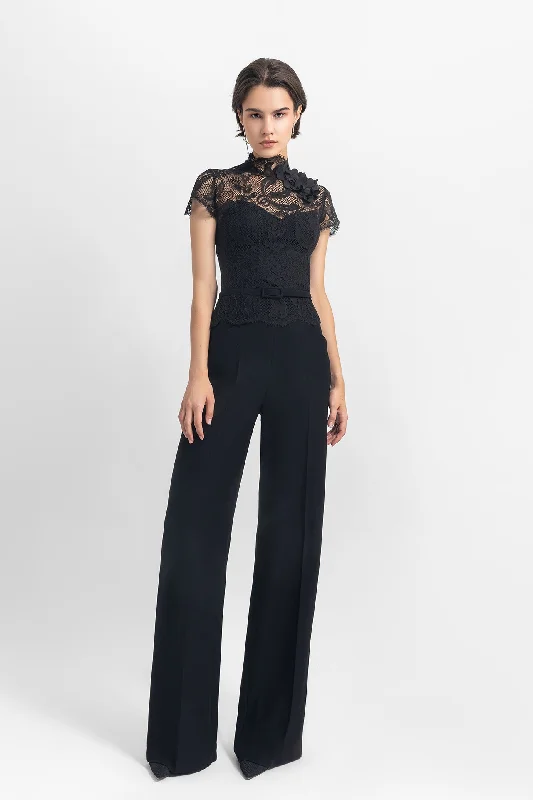 High-neckline lace top, paired with pants