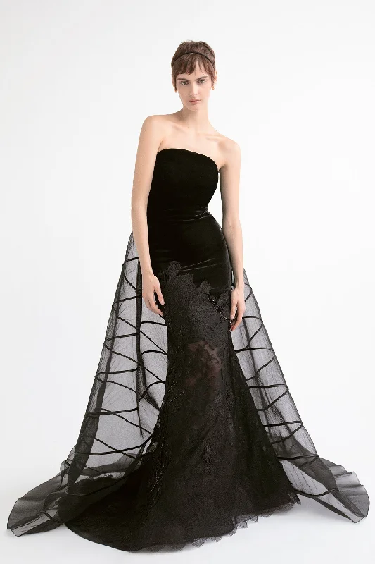 Lace and velvet gown with train