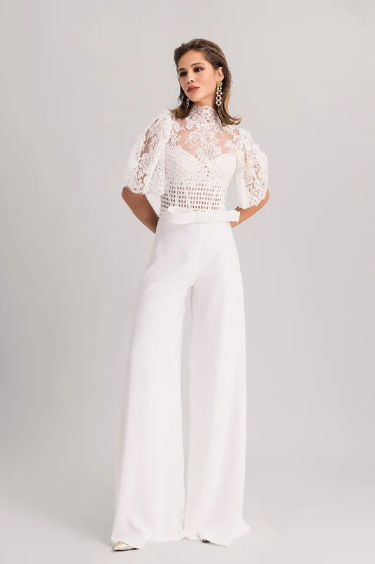 Lace top paired with flared pants