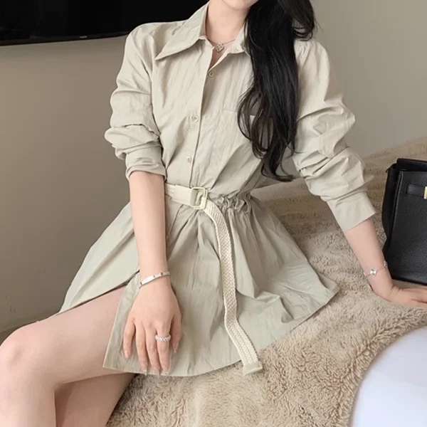 Loose Lapel Belt Long Sleeve Shirt Dress