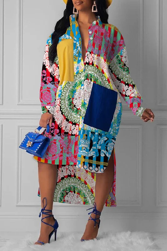 Fashion Print Patchwork Shirt Dress