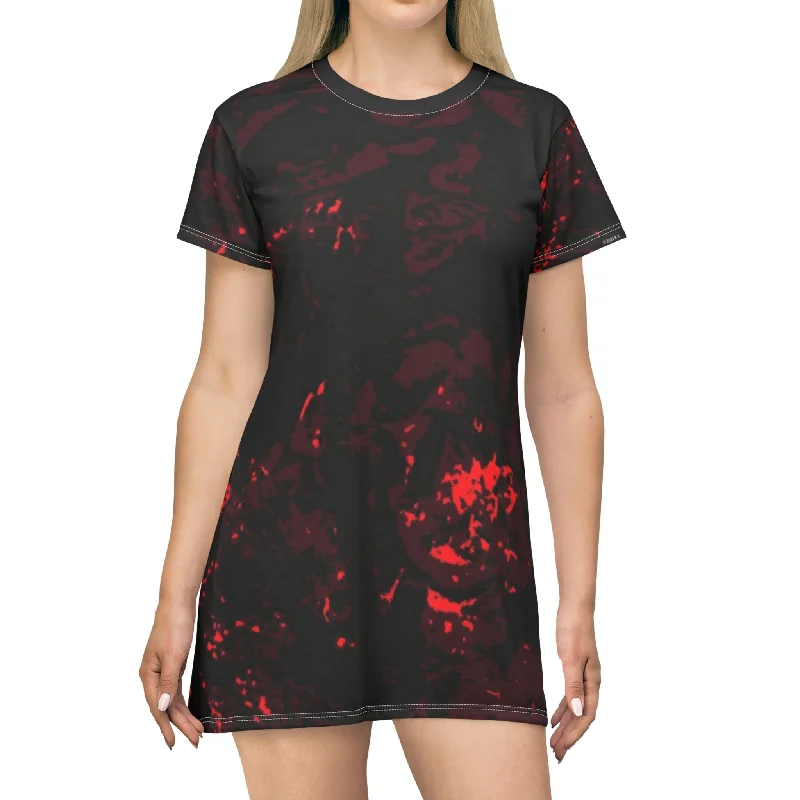 "Mystic Cube" (Cosmic Fusion - Dark Maroon/Neon Red) - T-Shirt Dress