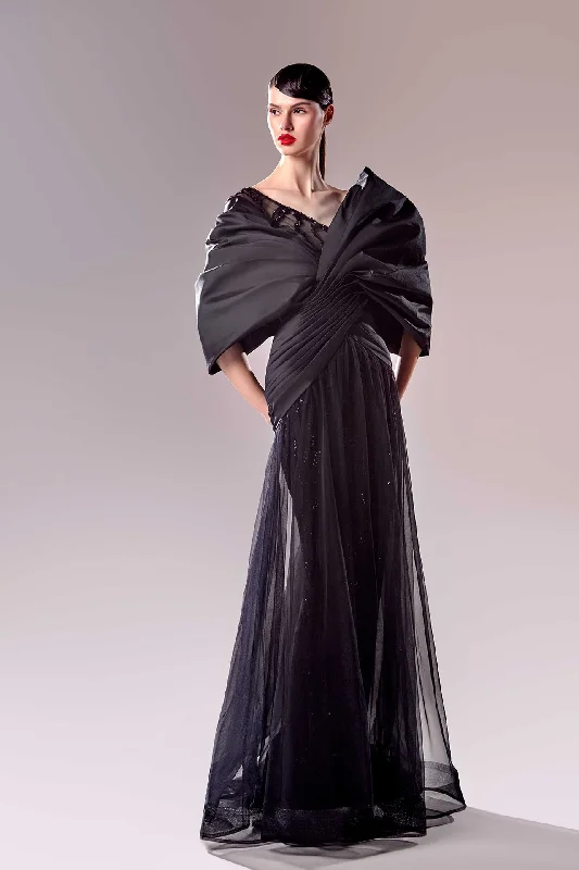 Off shoulder taffeta and lace gown