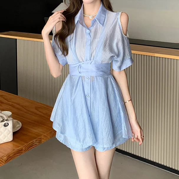 Off-Shoulder Waisted Breathable Shirt Dress Set