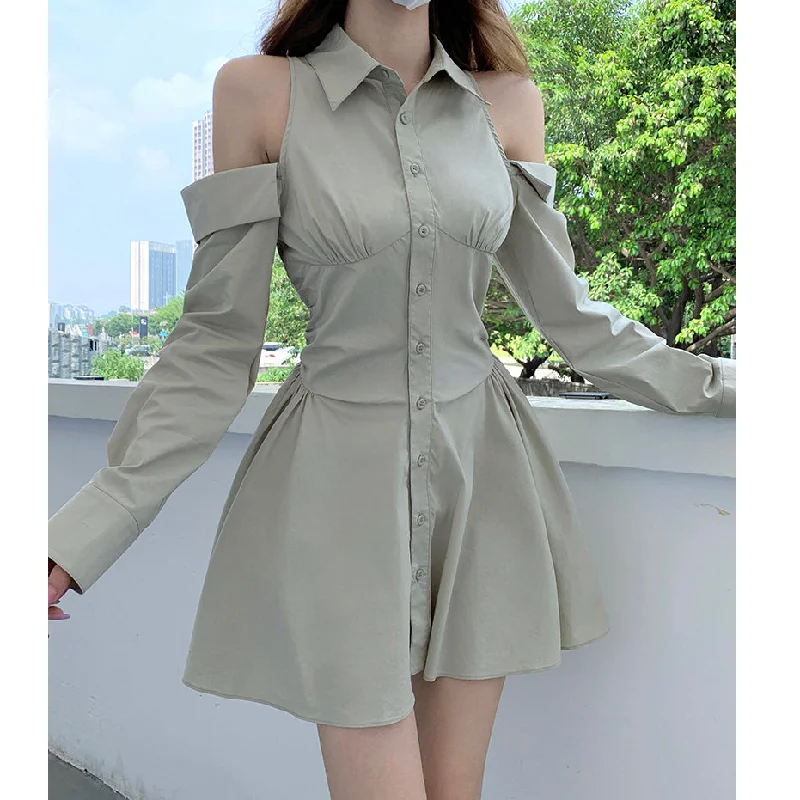 Off-The-Shoulder Fitted Single-Breasted Shirt Dress