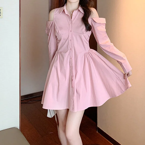 Off-The-Shoulder Waist Polo Collar Shirt Dress