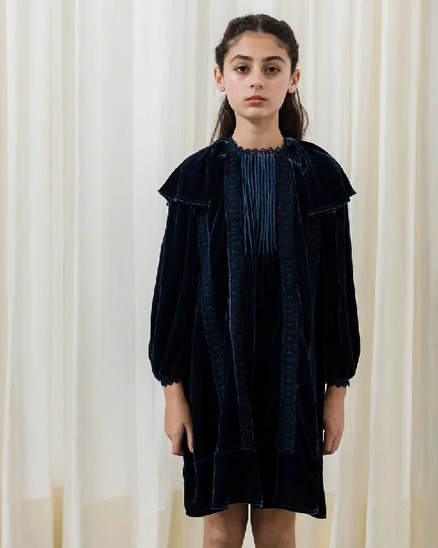 PETITE AMALIE "A Cinderella Story" Rosie Velvet and Lace Dress in Navy