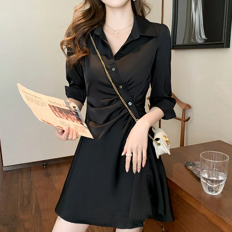 Pleated Diagonal Button Slim Waist Shirt Dress