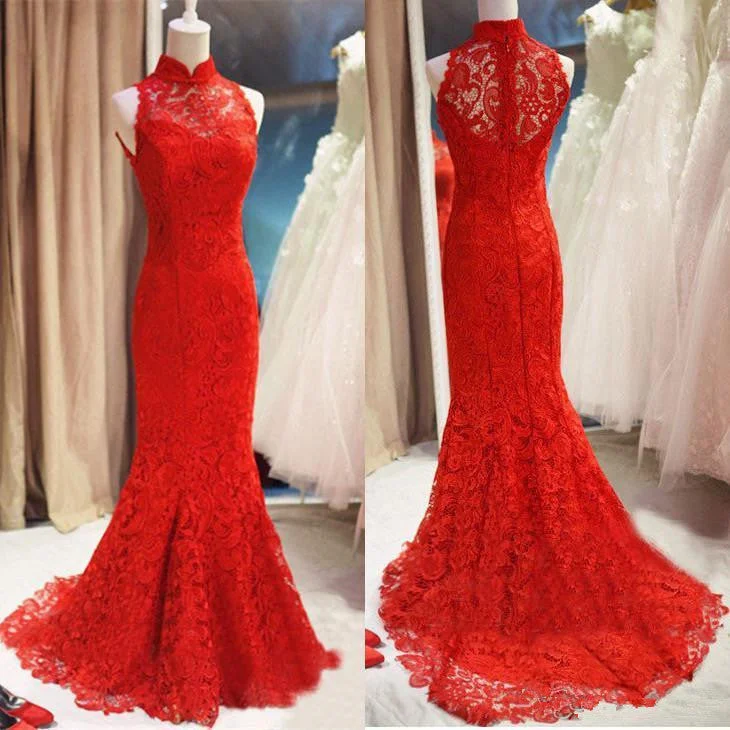 Red Lace Mermaid Long Formal Gown, Red Bridesmaid Dress