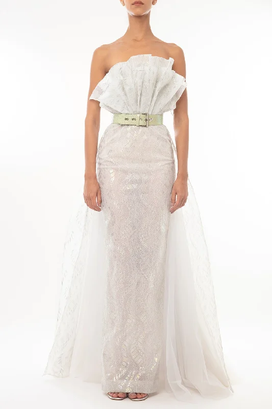 Ruffled neckline strapless french lace gown