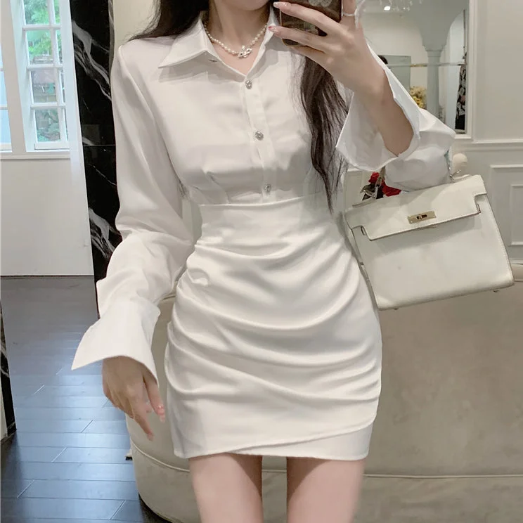 Satin Lapel Button Long Sleeve White Shirt Dress