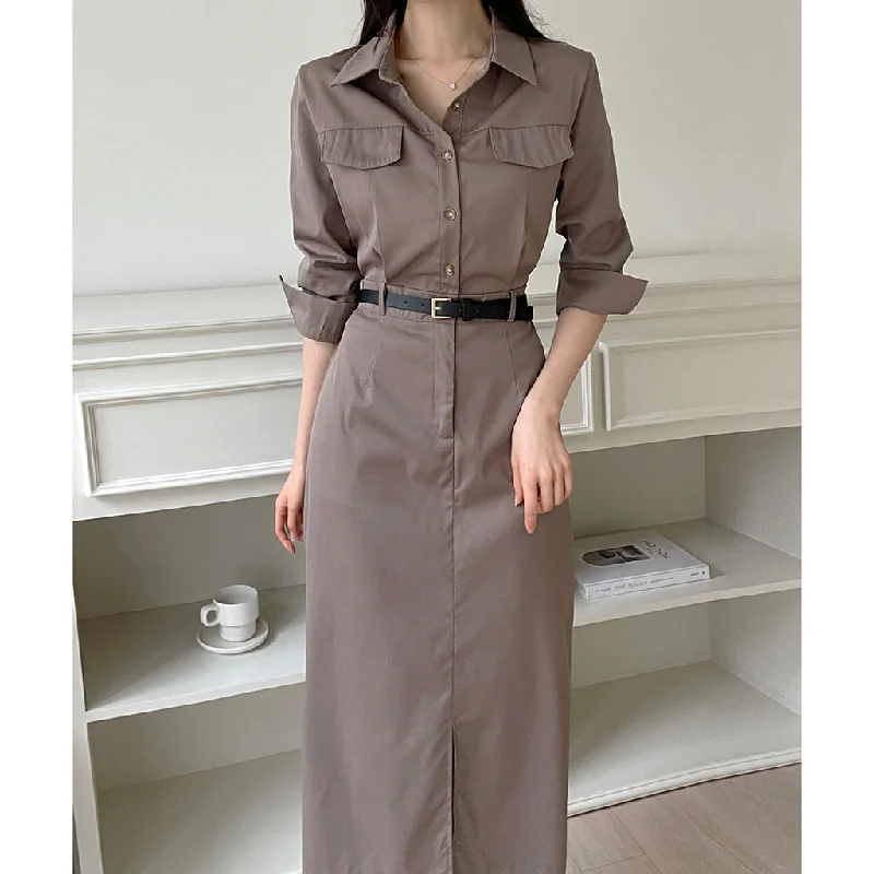 Slit Single-Breasted Belt Shirt Slim Long Dress