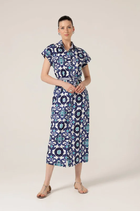 Tree Swallow Shirtmaker Dress | Aqua Navy Tile