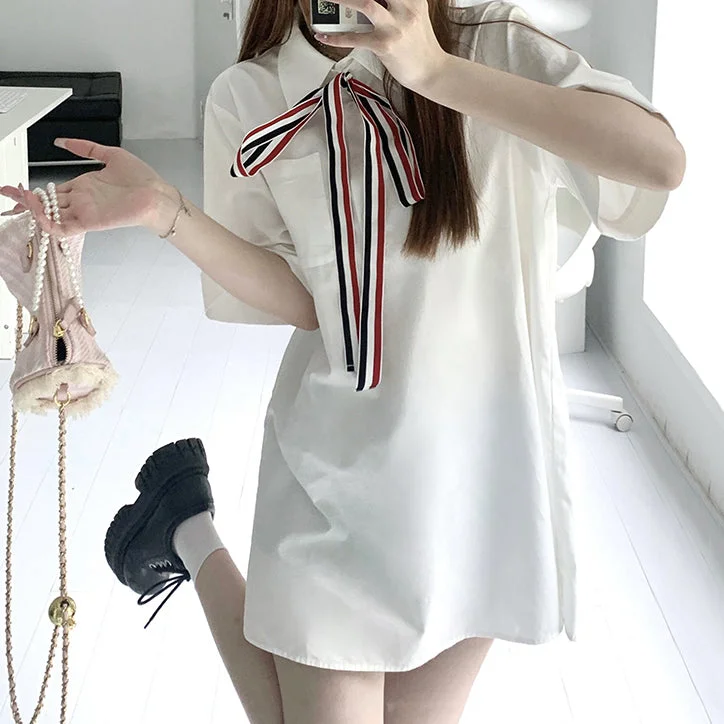 White Short Sleeve Tie Shirt Casual Dress