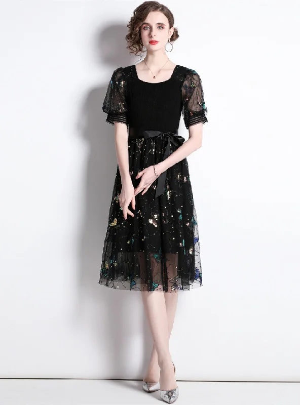 Black Butterfly Sequined Stitching Dress